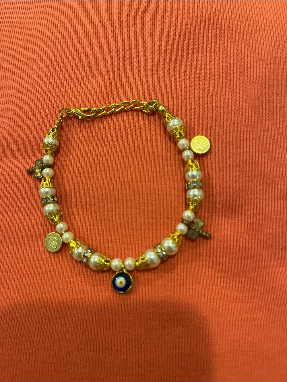 Gold-Tone Pearl Charm Bracelet with Blue Evil Eye Pendant